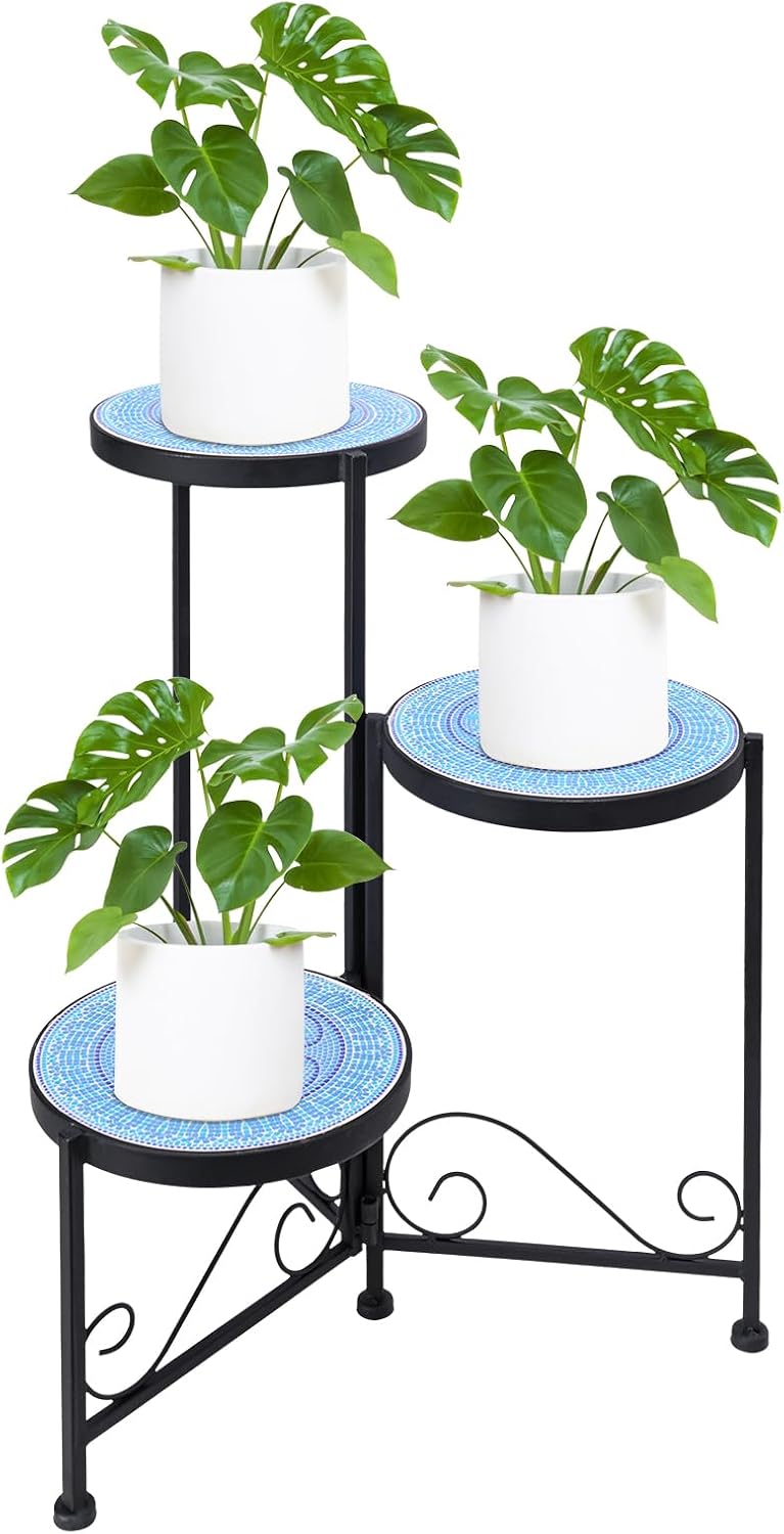 3 Tier Mosaic Ceramic Top Plant Stand, Foldable Flower Pot Holder | Wrought Iron No Assembly Required Space Saving