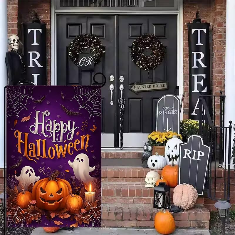 Happy Halloween Garden Flags for Outside 12x18 Double Sided Burlap