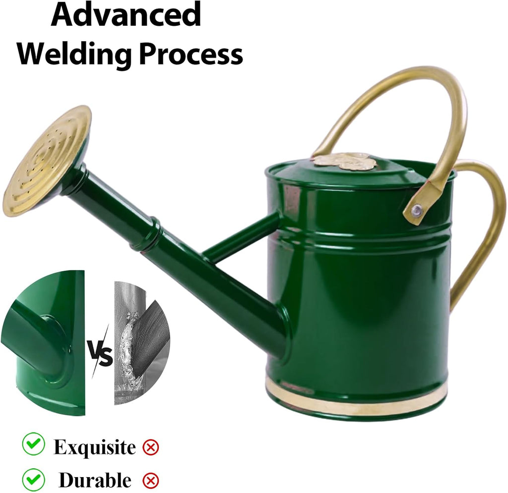 1 Gallon Green Metal Watering Can with Solid Brass Accents | Solid brass top and side handles, removable watering rose
