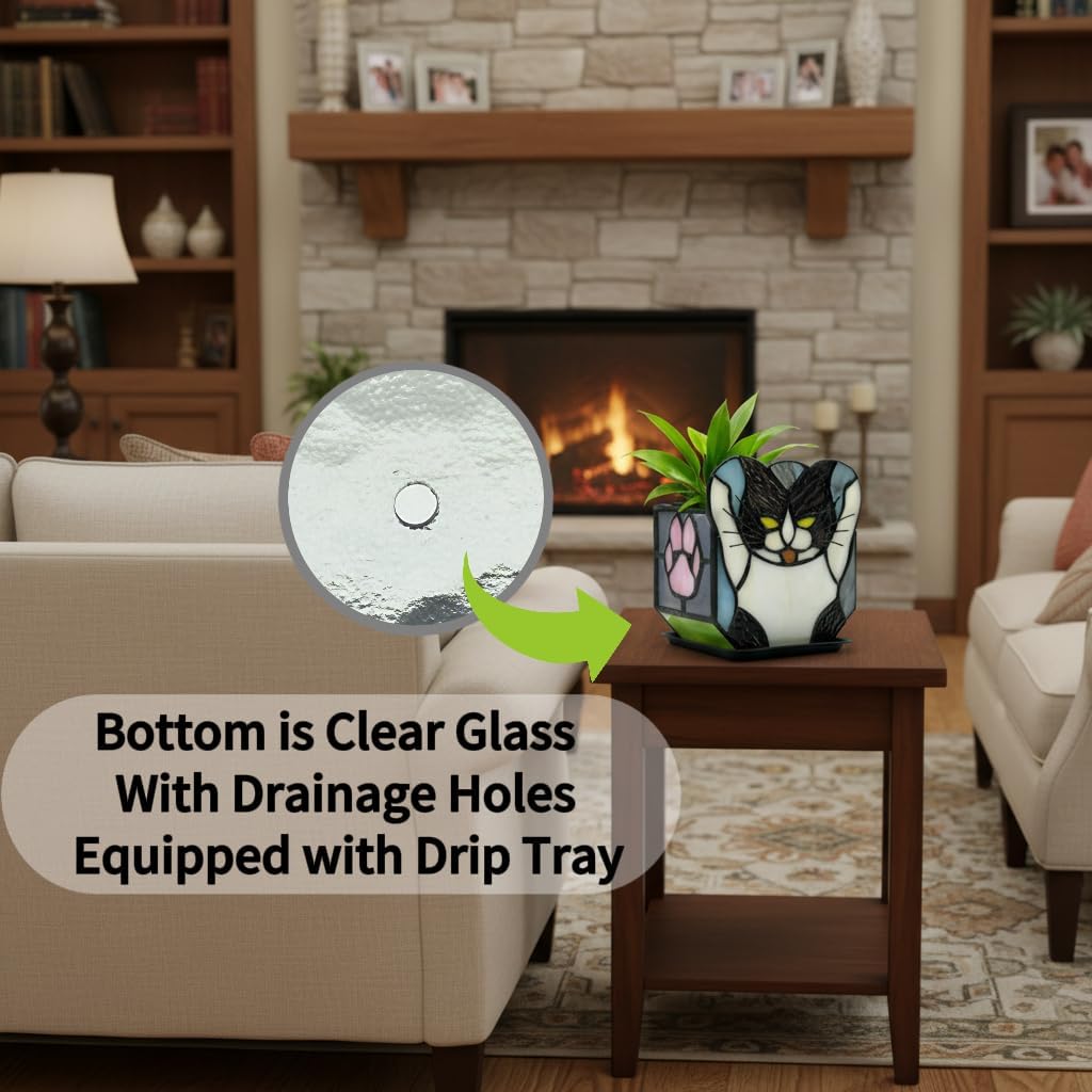 Stained Glass Black Cat Planter, Succulent Pot with Drainage, Indoor Plant Container, Decorative Pencil Holder, Teacher