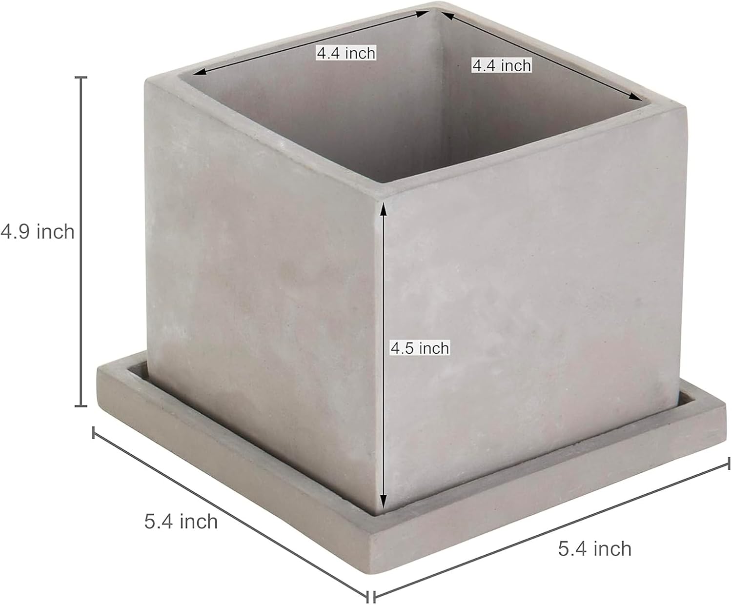 MyGift 5-Inch Square Gray Cement Plant Pot with Drainage, Small Flower Succulent Planters with Removable Saucer Trays