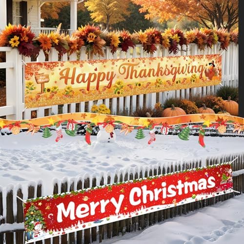 2Pcs Thanksgiving Yard Banner 118" x 19.7" Large Merry Christmas Decor Happy Christmas Thanksgiving Banner Outdoor Thanksgiving Fall Party Banners Decor Christmas Tree Elk Snowflake Hanging Banner