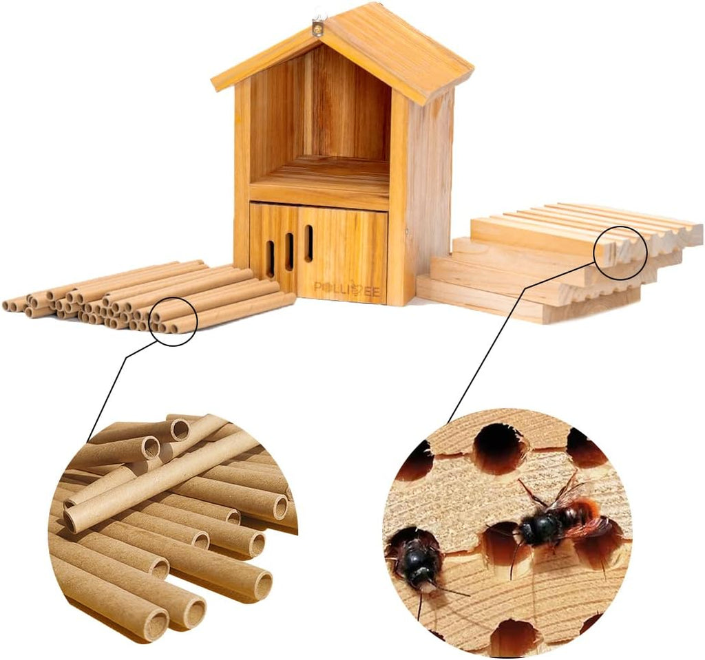 Mason Bee House -Wax Coated Mason House for The Garden,Natural Handmade Wooden Mason Home, Attracts Peaceful Bee