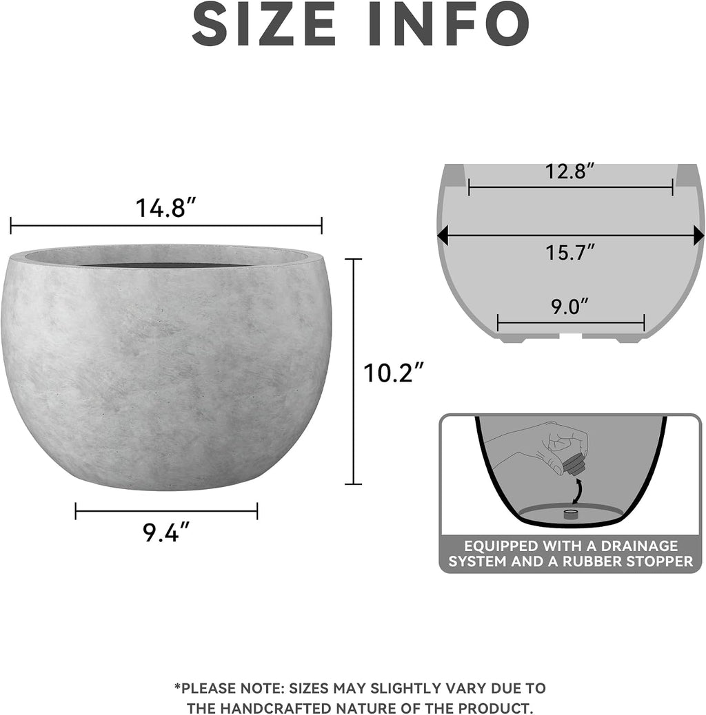 Kante Accent Round Bowl Pale Gray Concrete Planter 15.7" Dia, Outdoor | Rubber Plug for Indoor, Drainage for Garden