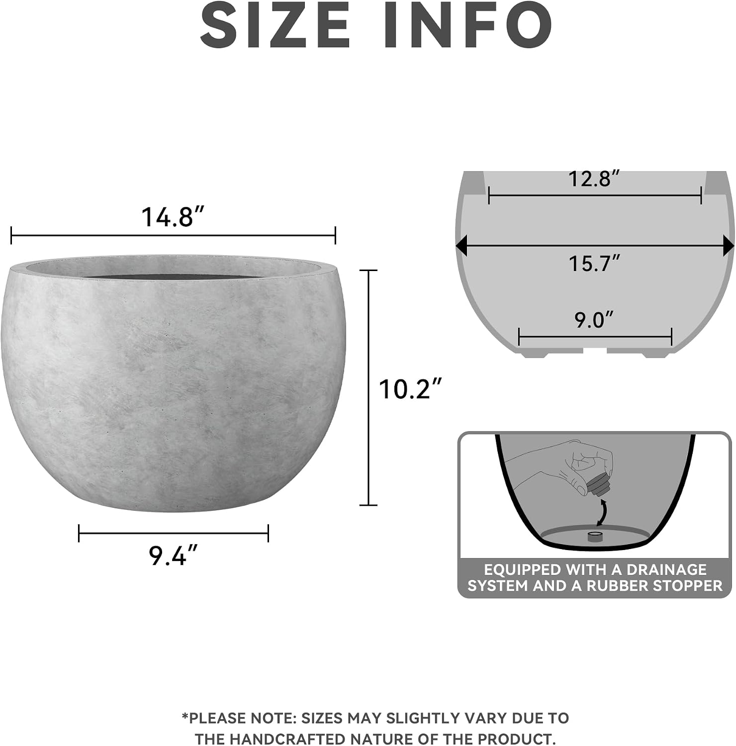 Kante Accent Round Bowl Pale Gray Concrete Planter 15.7" Dia, Outdoor | Rubber Plug for Indoor, Drainage for Garden