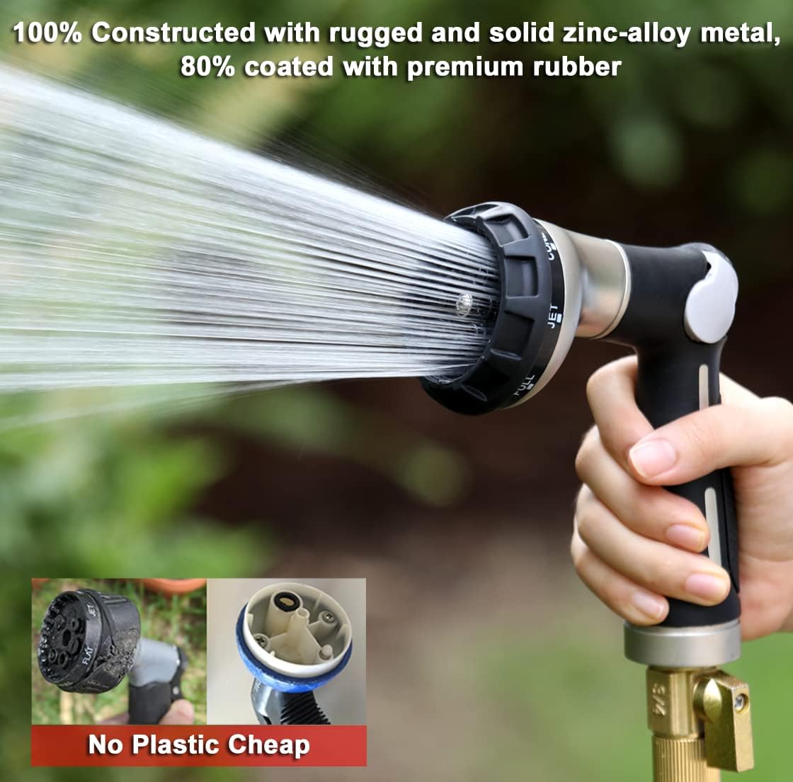 Garden Hose Nozzle Heavy Duty, 8 Patterns, Thumb On/Off Valve, Black | High pressure sprayer for watering plants, car
