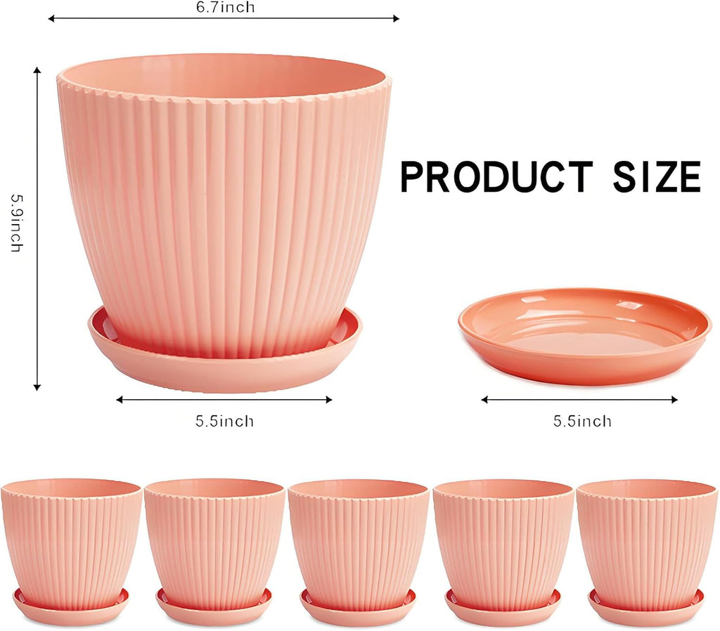 7 Inch Large Plant Pots, 6 Pack Flower Pots with Drainage Hole and Tray Saucer Plastic Plant Pot for Outdoor Indoor