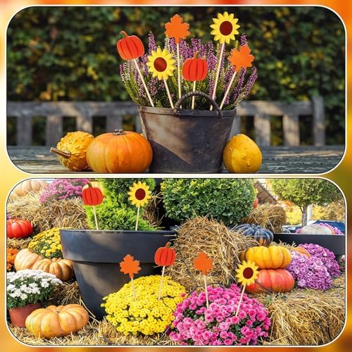6 Pcs Wood Fall Garden Stakes, Pumpkin Sunflower Maple Yard Decor