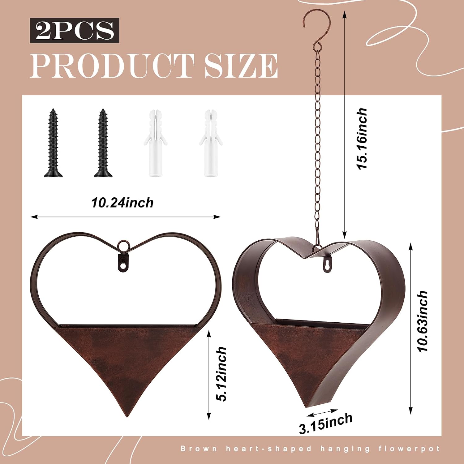 2 Pack Metal Plant Hangers Indoor and Outdoor Rustic Heart Shape Hanging Planters Holder Detachable Flower Pot with