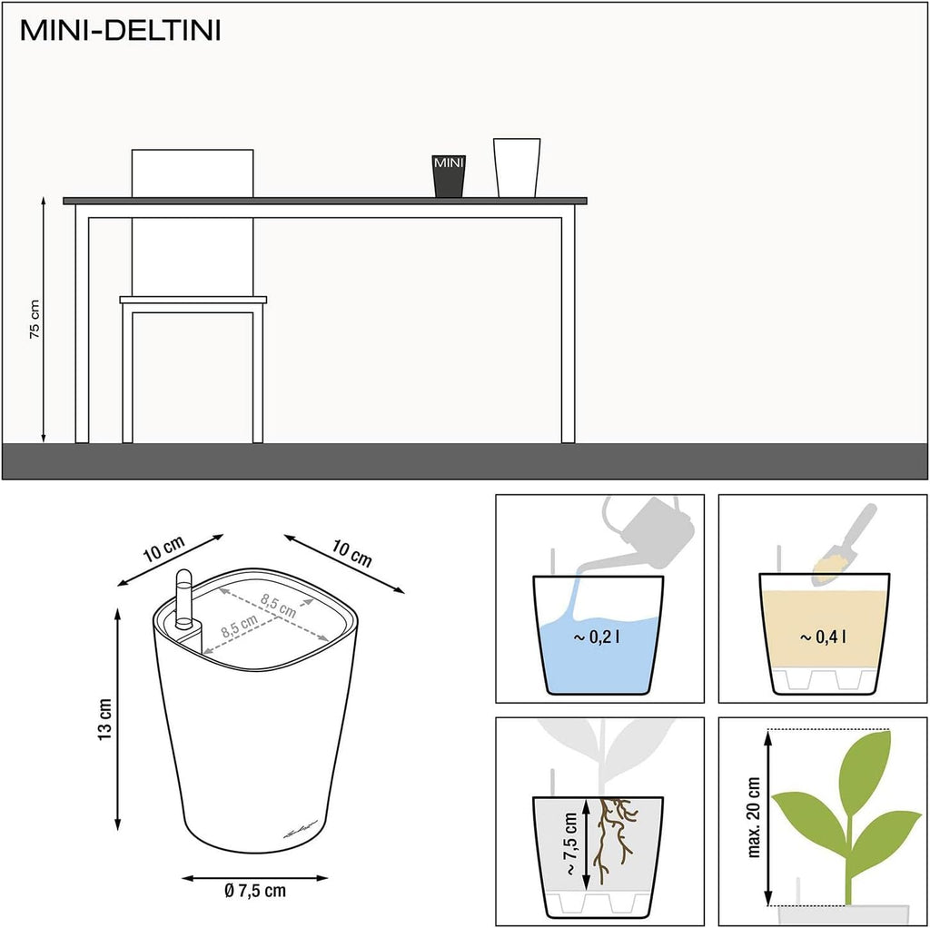 Lechuza MINI-DELTINI Cream White High Gloss, Self-Watering Small Indoor Planter, H5.1 L3.9 W3.9, 0.4L in