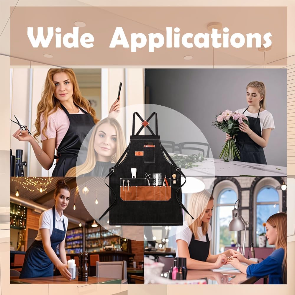 Denim Apron with Big Pockets Adjustable Cooking Apron Jean for Hair Stylist Gardening Craftsmen Barista Hairdresser