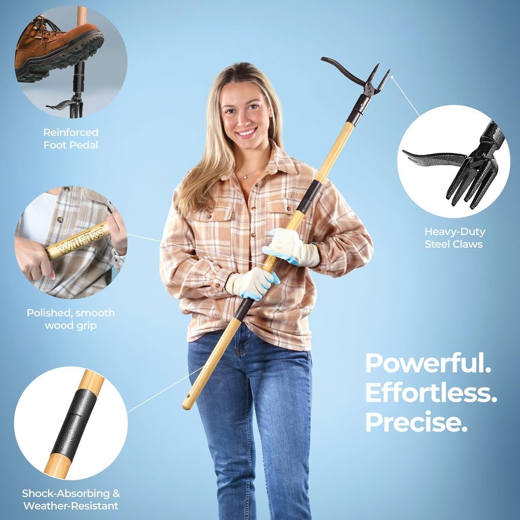 WilFiks Weed Puller Tool, Stand Up Heavy Duty Weed Remover Tool with Long Handle, Foot Platform Design - 4 Claw Steel