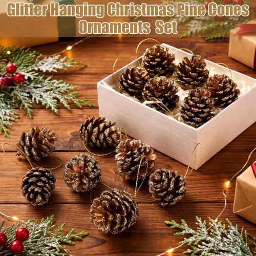 24 Pcs Gold Glitter Pine Cones Ornament for Christmas Tree Hanging Decor