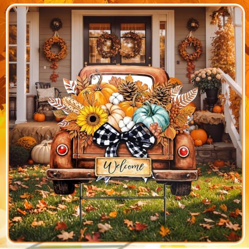 Weysat Fall Decor Outdoor Metal Pumpkin Truck Welcome Yard Sign with Bow