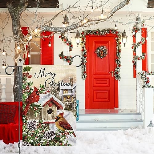 Merry Christmas Garden Flag Cardinal Red Bird House Welcome Winter Flags 12x18 Inch Double Sided Burlap Snow Banner for Winter Holiday Xmas Yard Outdoor Decoration(ONLY FLAG)