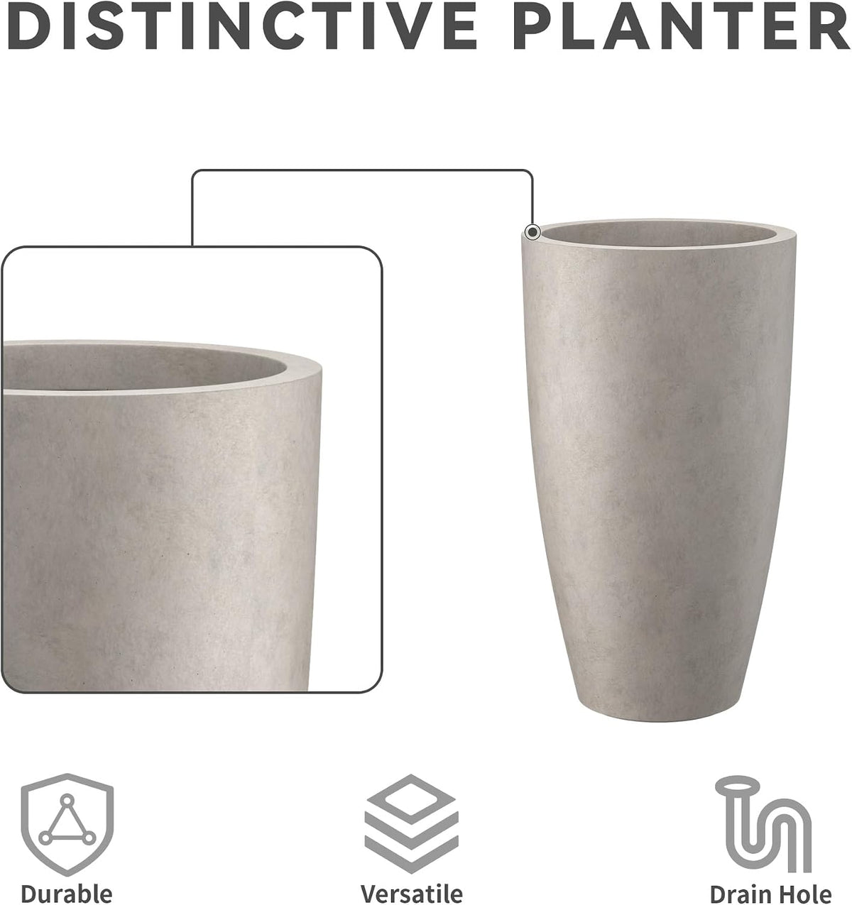 Kante Set of 2 Weathered Concrete Round Planters 23.6" Tall Home & Outdoor | Drainage for Outdoor, Rubber Plug for
