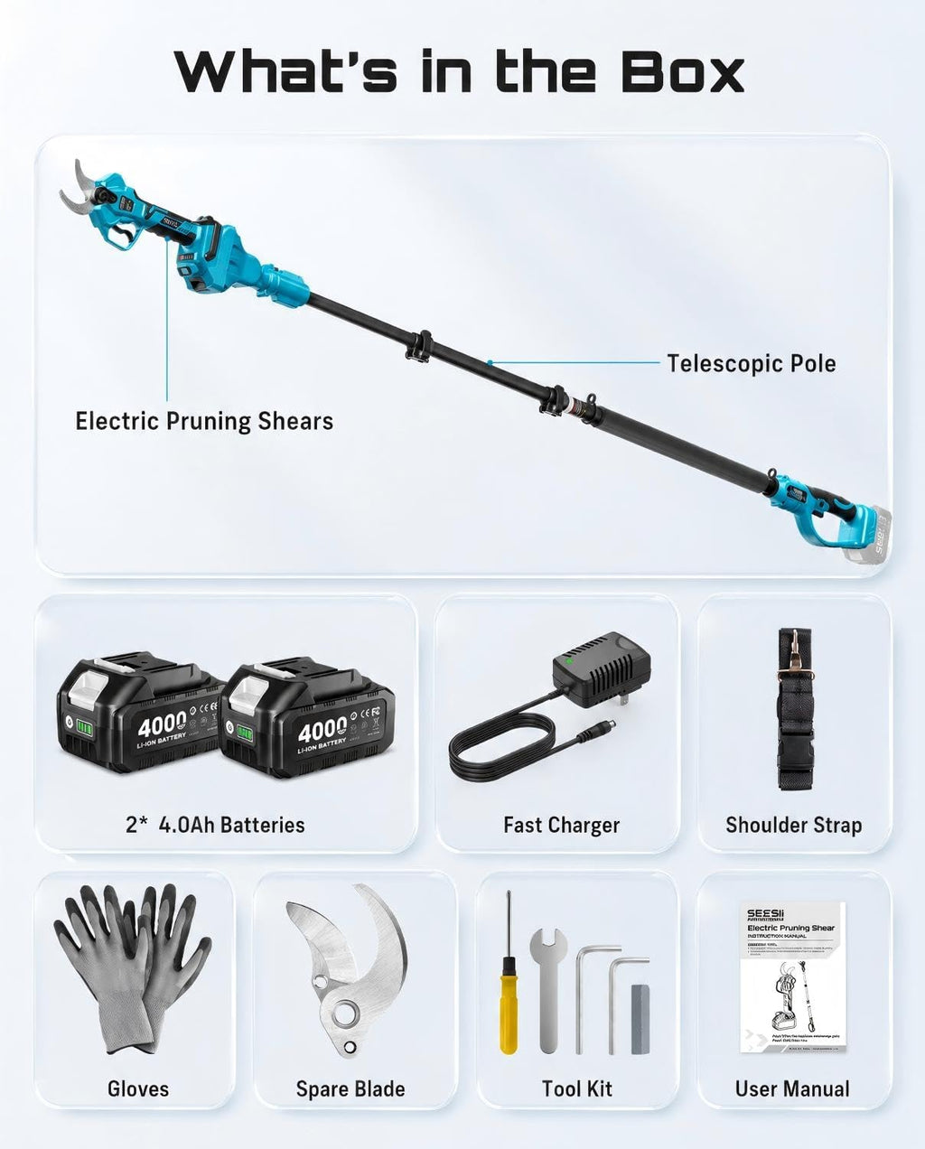 SEESII 2-in-1 Pole Pruning Shears 1.6'' Cut, 20V Cordless, 4.9-9 ft Reach | Brushless Motor, SK5 Blade, LCD Display, 4