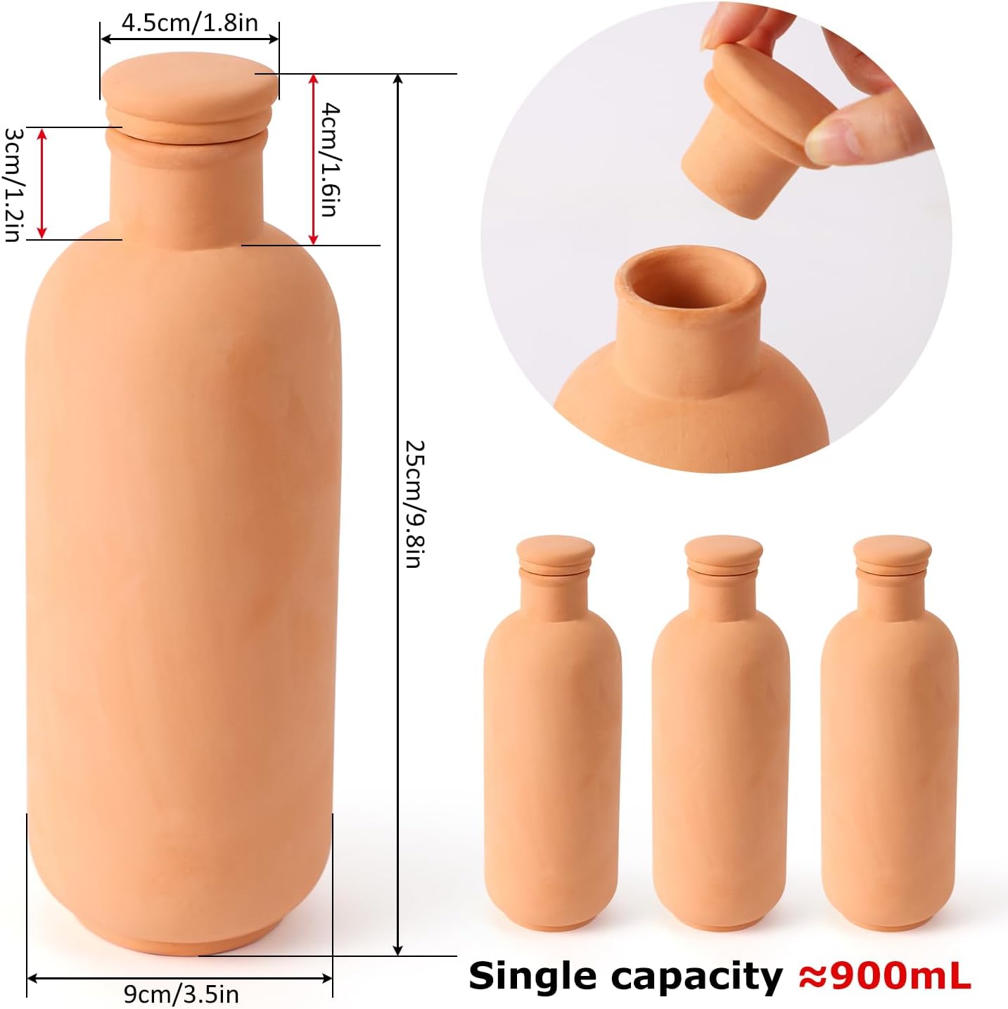 3pcs Ollas 10×3.5×3.5inch Terracotta Watering Pots Self Watering Planter Watering System 30.5oz Plant Watering Globes