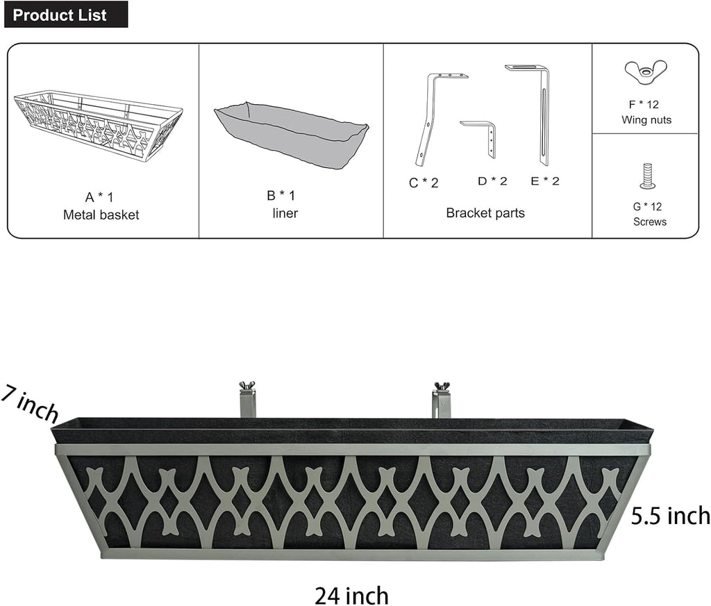 4 Pack 24 Inch Window Boxes Planters Railing Planter Box with Adjustable Brackets & Non-Woven Fabric Plant Grow Bags