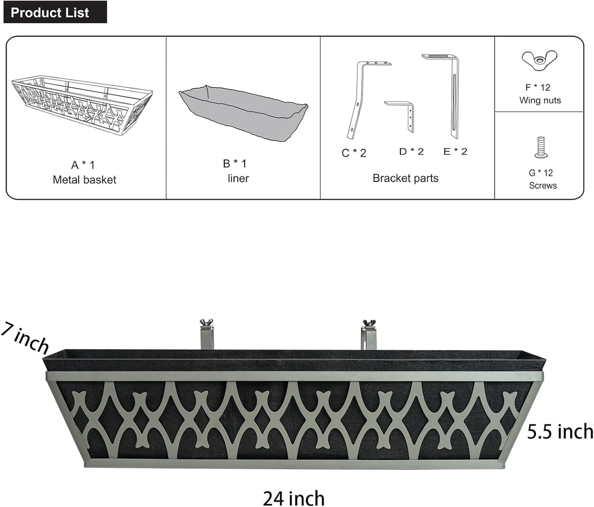 4 Pack 24 Inch Window Boxes Planters Railing Planter Box with Adjustable Brackets & Non-Woven Fabric Plant Grow Bags