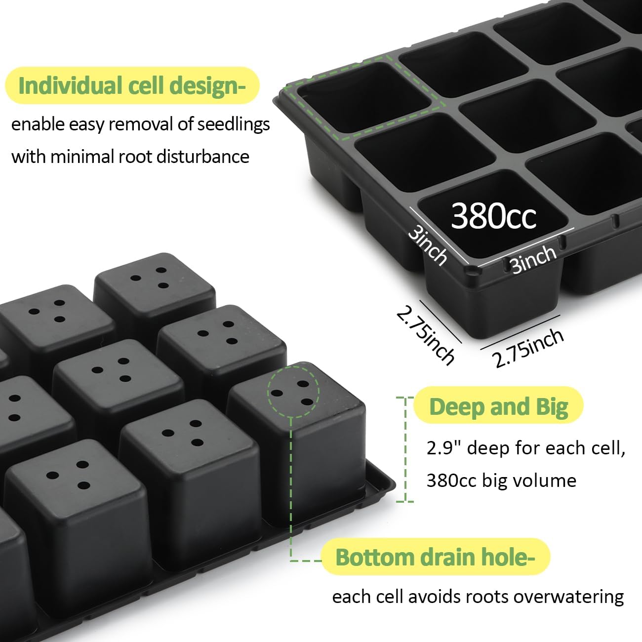 RooTrimmer 10 Pack 18 Cell Seed Starter Trays - 2.9 "Deep 3 Inch Big Cell Plastic Nursery Trays, 20" x 10", for 1020