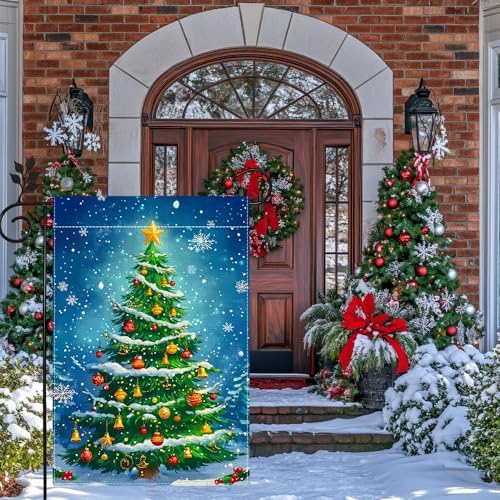 Winter Christmas Tree Garden Flag for Outside, Snowflake Xmas Ball Welcome Christmas Yard Flag 12x18 Inch Double Sided Burlap Holiday Farmhouse Home Decoration Outdoor Flag