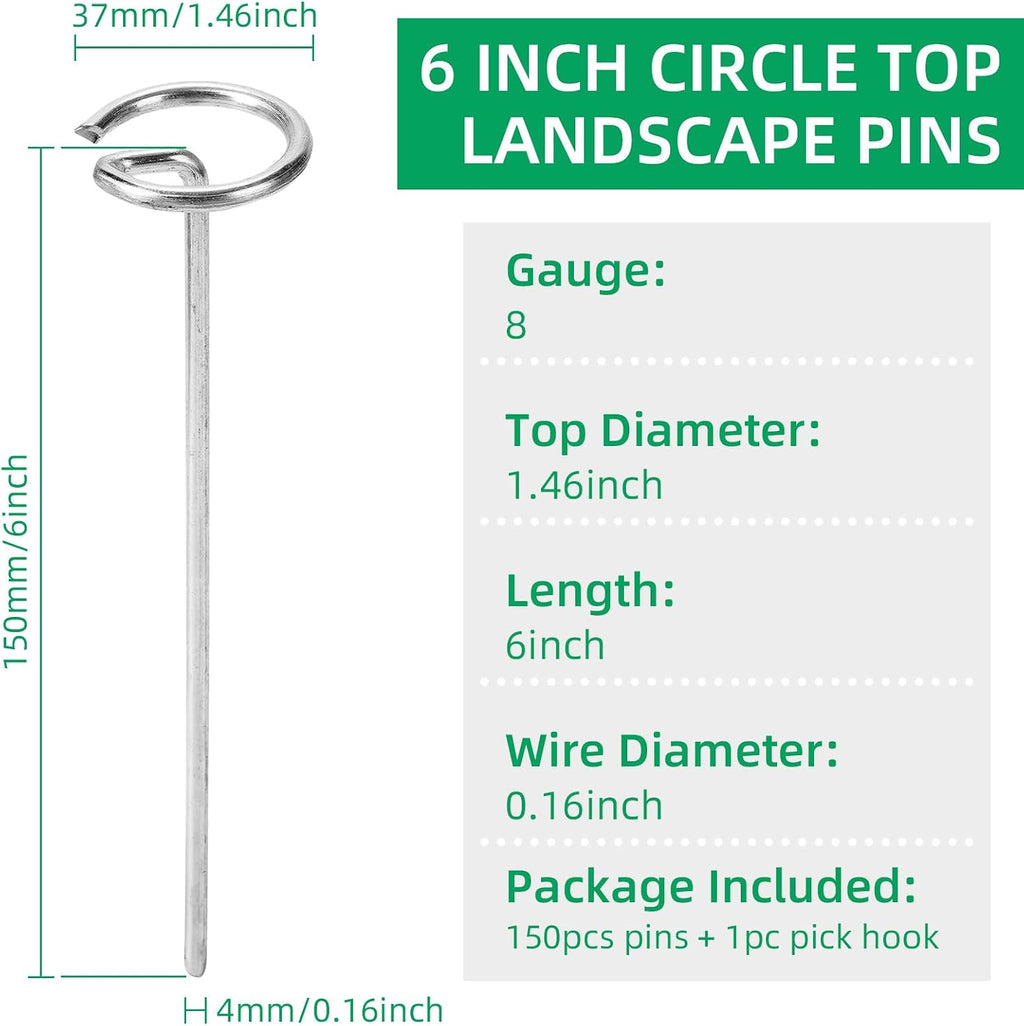 150 Pack 6 Inch Landscape Staples, Thickened 8 Gauge Circle Top Garden Stakes Heavy Duty Galvanized Landscape Fabric