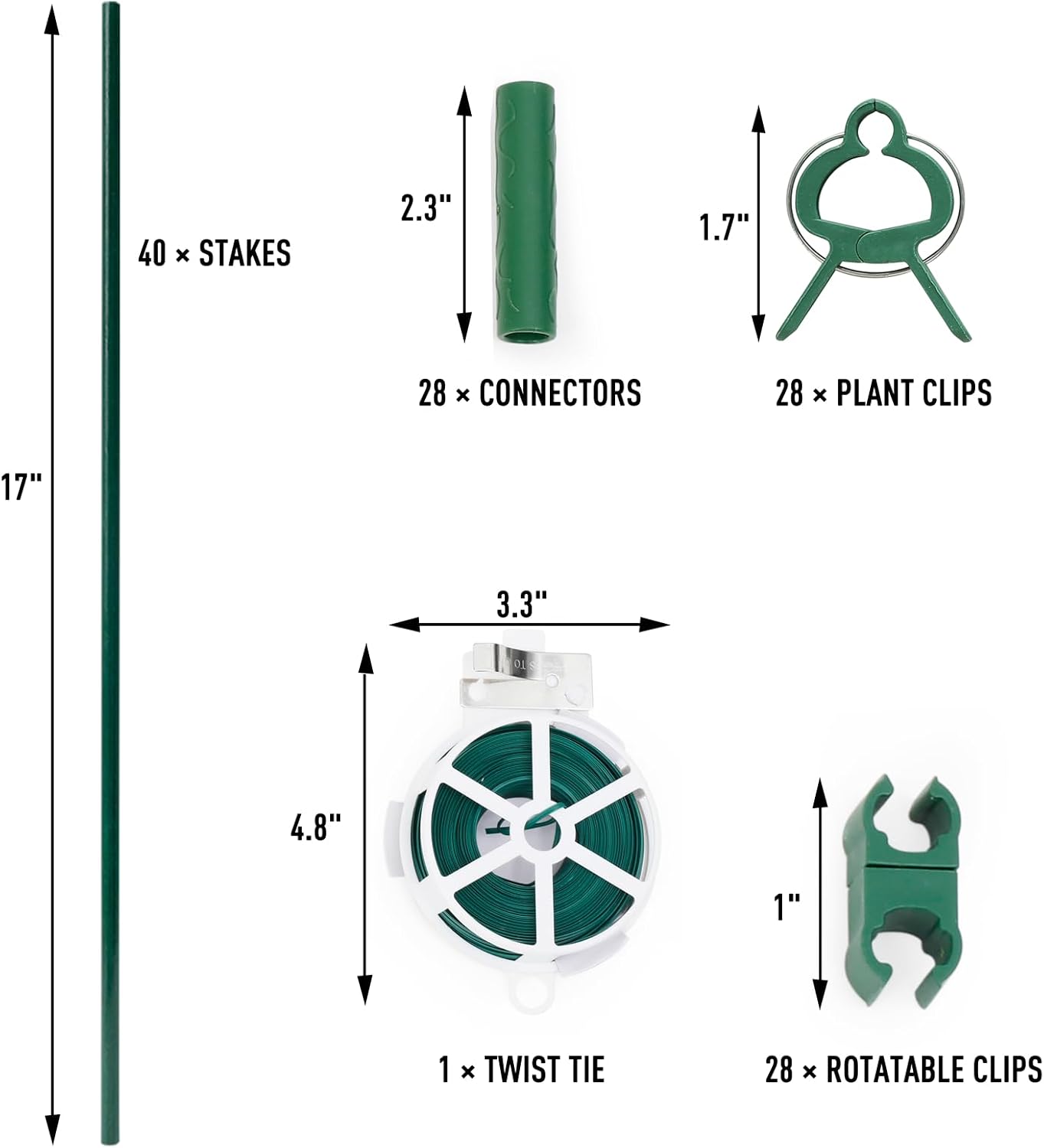 MAXPACE 125pcs Garden Stakes Kit: Includes 40 Sets of Fiberglass Plant Sticks Supports & Accessories for DIY 4ft, 5ft