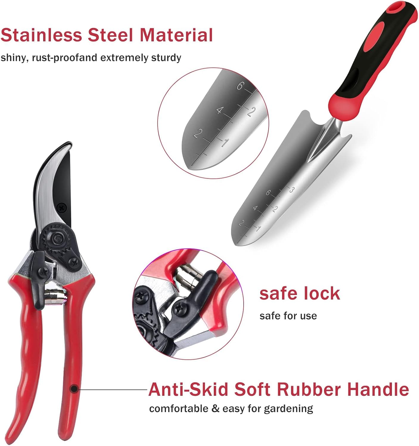 Red Gardening Tools, WisaKey 9 Piece Stainless Steel Heavy Duty Garden Tools with Non-Slip Ergonomic Handle, Garden