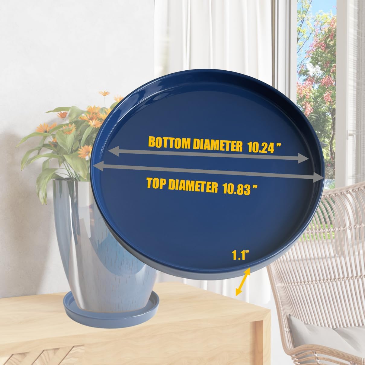 Yukfona Ceramic Plant Saucer Tray 1 Pcs 10 Inch Blue, 10.83" OD x10.24 ID x1.1 Deep| Fits Flower pots Bottom≤ 10.24"