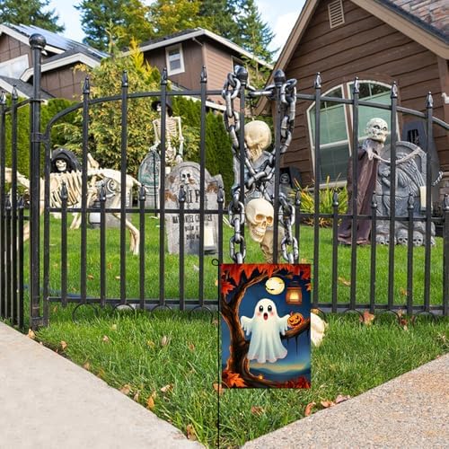 Halloween Cute Ghost Garden Flag 12x18 Vertical Double Sided Pumpkin maple leaf Welcome Yard Flag Fall Holiday Outside Decorations Burlap for Outdoor Patio Lawn Farmhouse Farmland Holiday Decoration