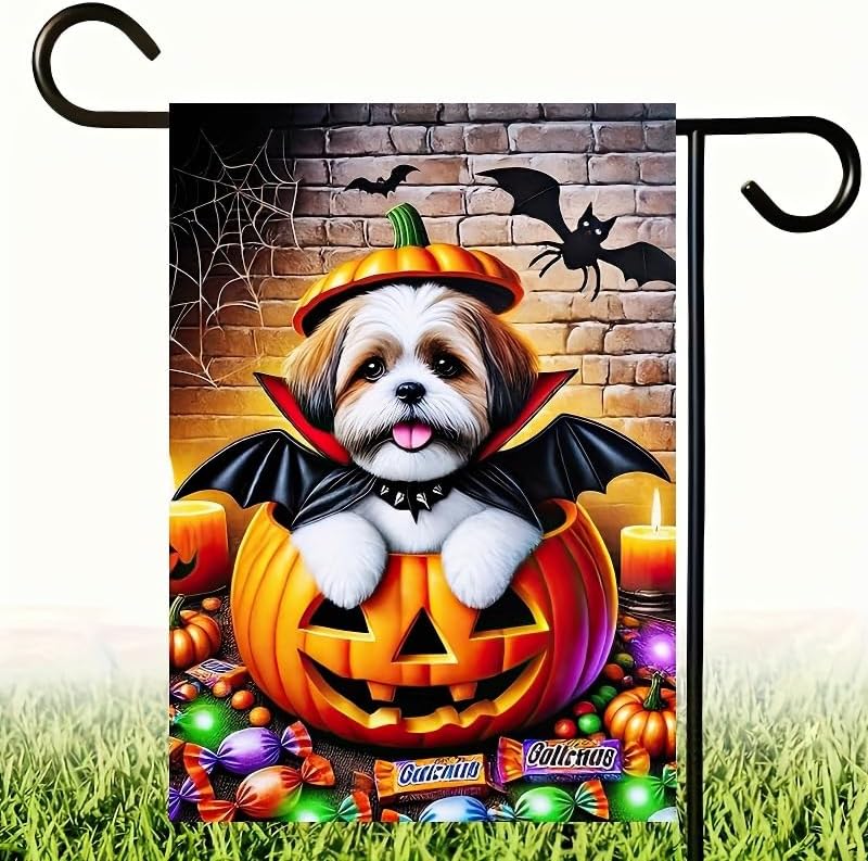 BlissYard Garden Flag Dog Pumpkin Witch Hat 12x18 Inch Polyester