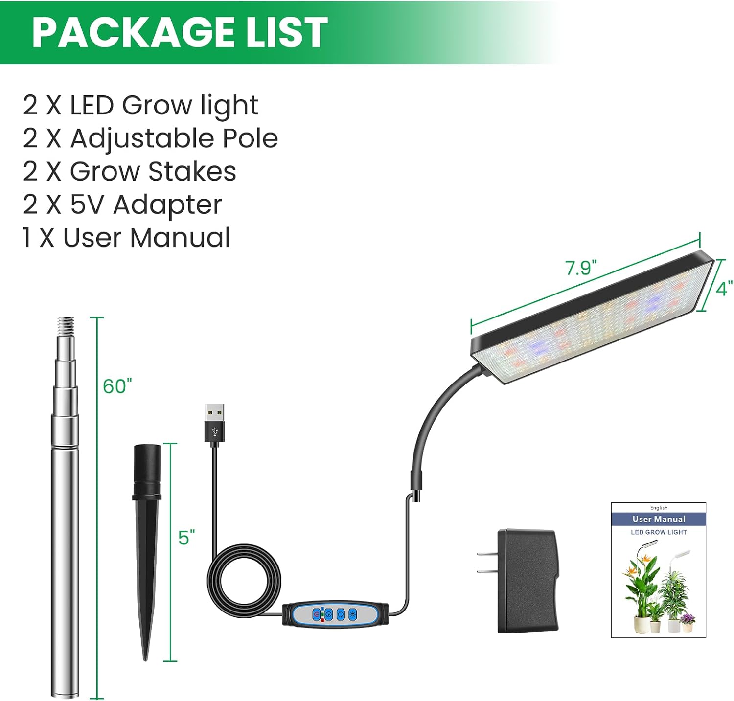 Plant Lights for Indoor Growing, 306LEDs Full Spectrum Grow Light | 7.9in Grow lights, 10-65in Height Adjustable for