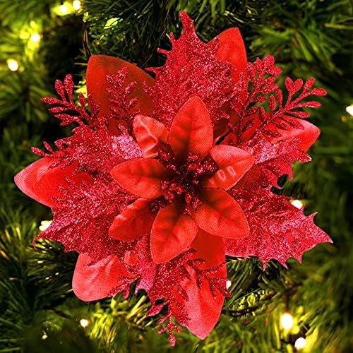 FurRain Christmas Poinsettia Artificial Flowers Decorations 5.5" Christmas Tree Wreaths Garland Decoration 12 Pcs Glitter Flowers Picks Decor for Xmas New Year Wedding Party Ornaments (Red)