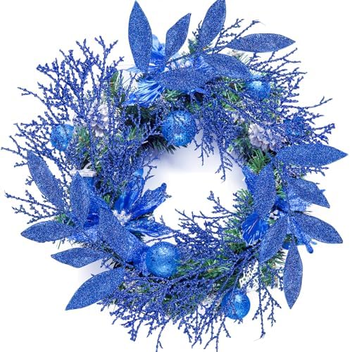 Winlyn 30 Pcs Christmas Artificial Leaf Sprays Cedar Picks Blue Glittered Christmas Tree Ornaments Winter Floral Stems for Blue Christmas Tree Wreaths Centerpieces Holiday Seasonal Wedding Decoration