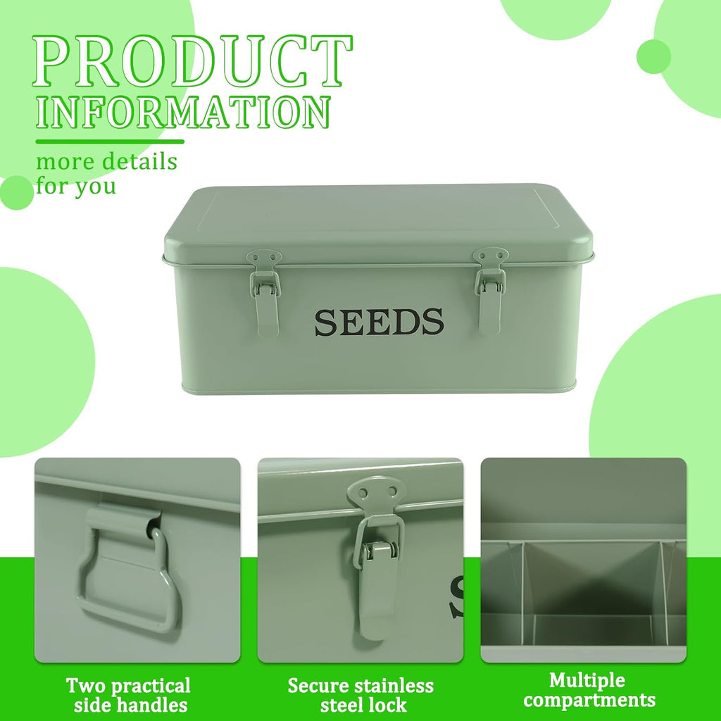 Seed Storage Organizer, 4 Compartment Metal Seed Saving Box with Lid and Safety Locks,Seeds Packet Container with 1