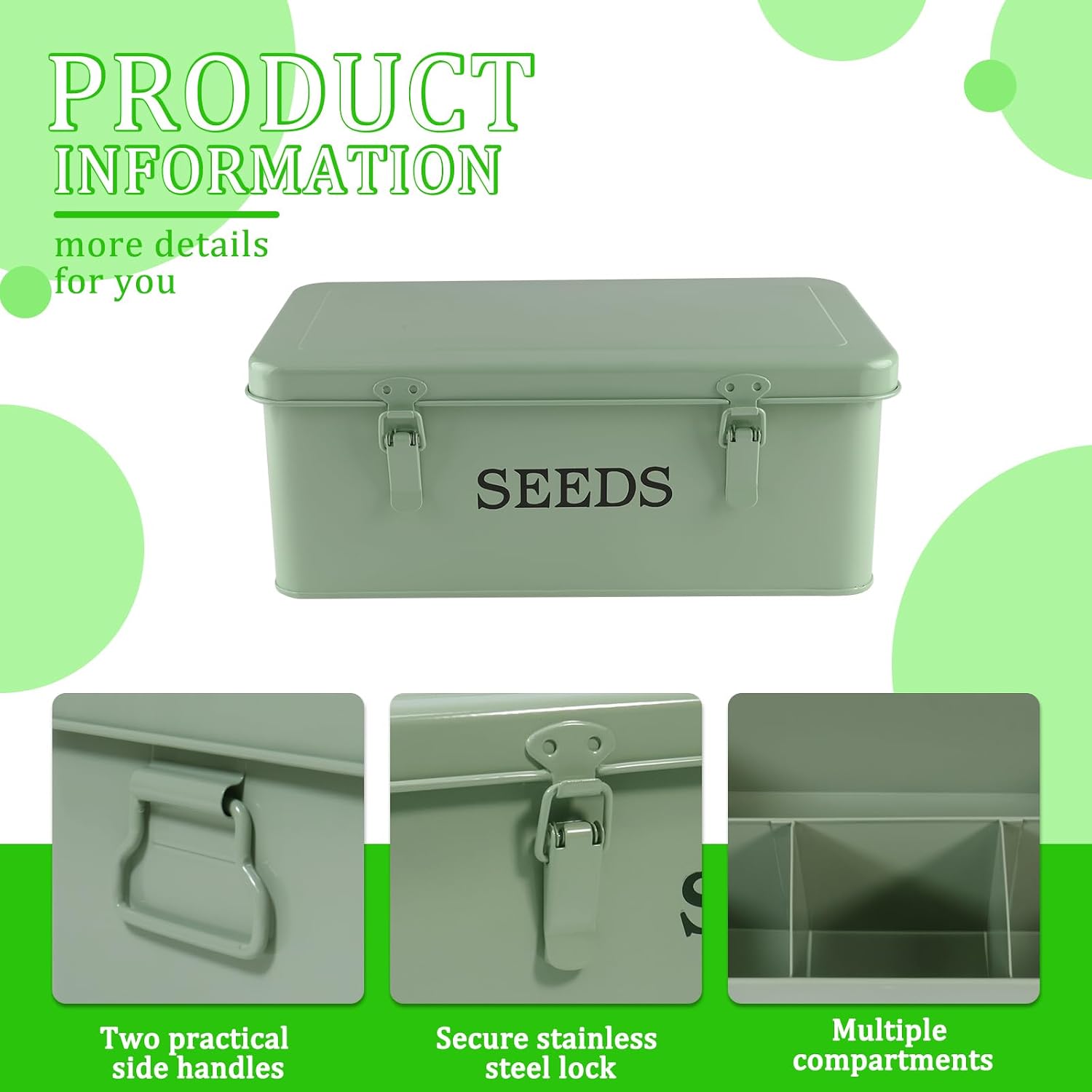Seed Storage Organizer, 4 Compartment Metal Seed Saving Box with Lid and Safety Locks,Seeds Packet Container with 1