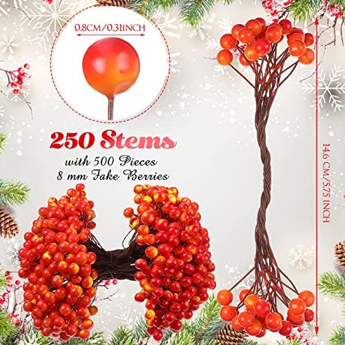 BBTO Artificial Holly Berries on Wire Stems, 250 Stems with 500 Pieces 8 mm Fake Berries for Christmas Tree Decorations Wreath Craft Use Wedding Party Favor (Yellow, Red)