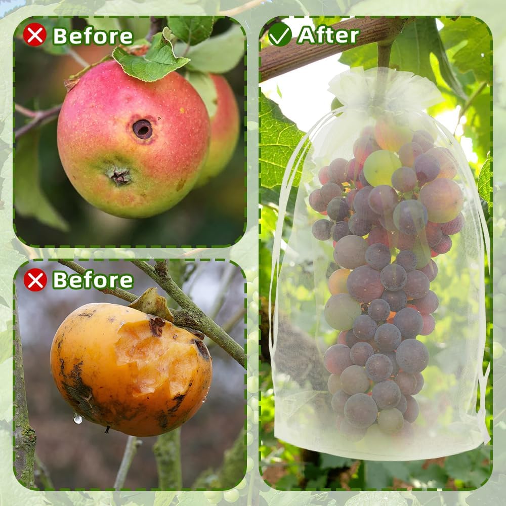 100Pcs Fruit Protection Bags 8''×12'' Fruit Netting Bags for Fruit Trees White Fruit Netting Cover Mesh Bags with