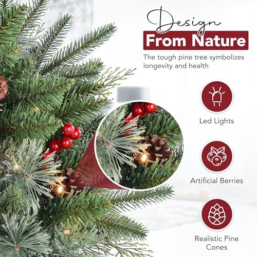 1 Pcs 30 Inch Christmas Tree Green Outdoor Planter Pots Filler Prelit Xmas Pine Trees with Cones and Red Berries 50 Warm White LED with 8 Light Modes and Timer for Yard