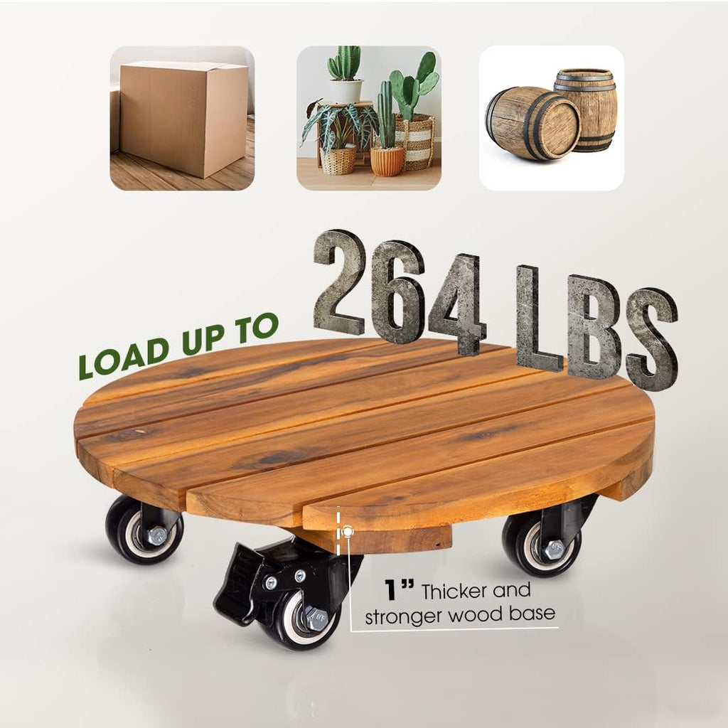 2PCS Acacia Round Plant Caddy, 360° Lockable Wheels, Natural, 14-Inch
