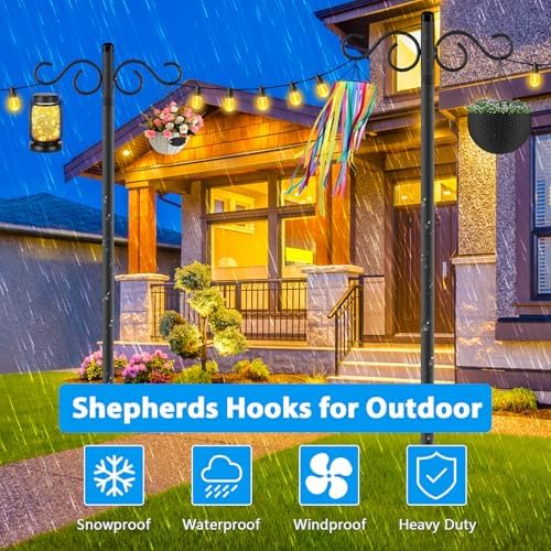 90 Inch 2 Pack Adjustable Shepherds Hooks for Outdoor with 5 Prong Base Heavy Duty Outdoor Garden Shepherds Hooks Hanger for Hanging Bird Feeder Flower Plant Baskets Solar Light Lantern Pole Stand