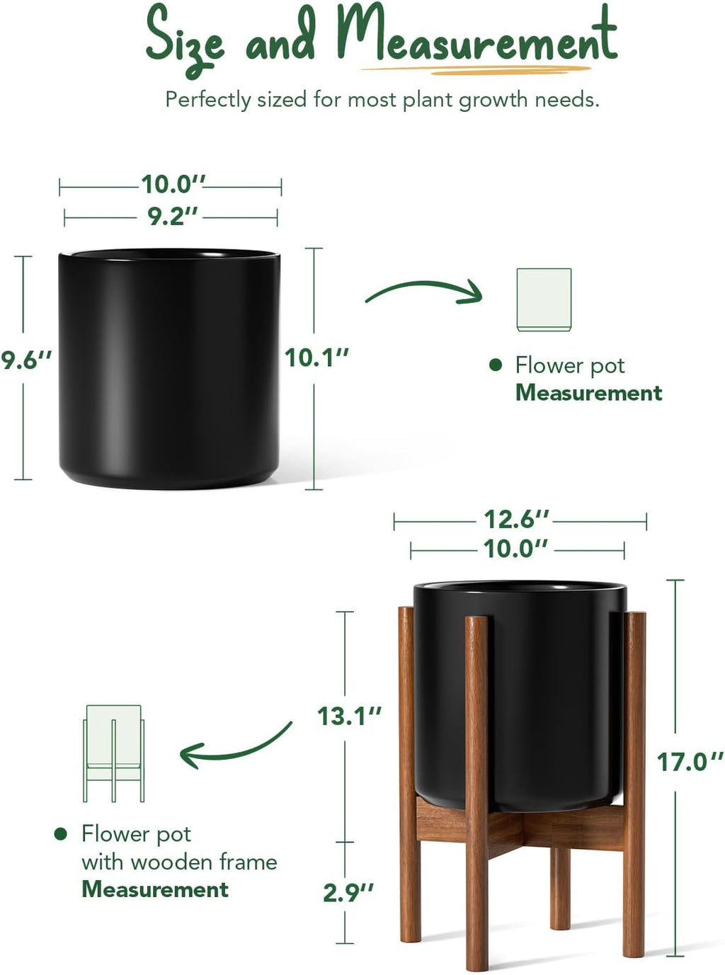 LE TAUCI 10 Inch Planter with Acacia Wood Stand, Ceramic Planter for Indoor Plants with Plant Holder, Mid-Century