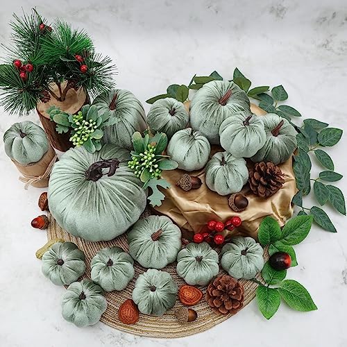 Woration 16pcs Assorted Size Velvet Fake Artificial Pumpkin Ornament
