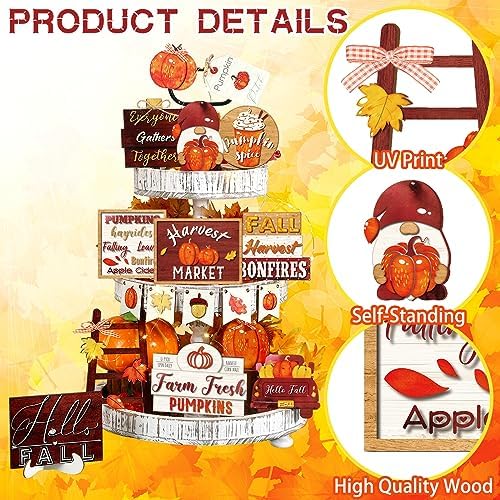 FairySandy 14 Pcs Fall Tiered Tray Decorations Set Rustic Fall Thanksgiving Pumpkin Tiered Tray Decor Farmhouse Pumpkin Truck Spice Blocks Autumn Winter Wooden Sign for Christmas Halloween