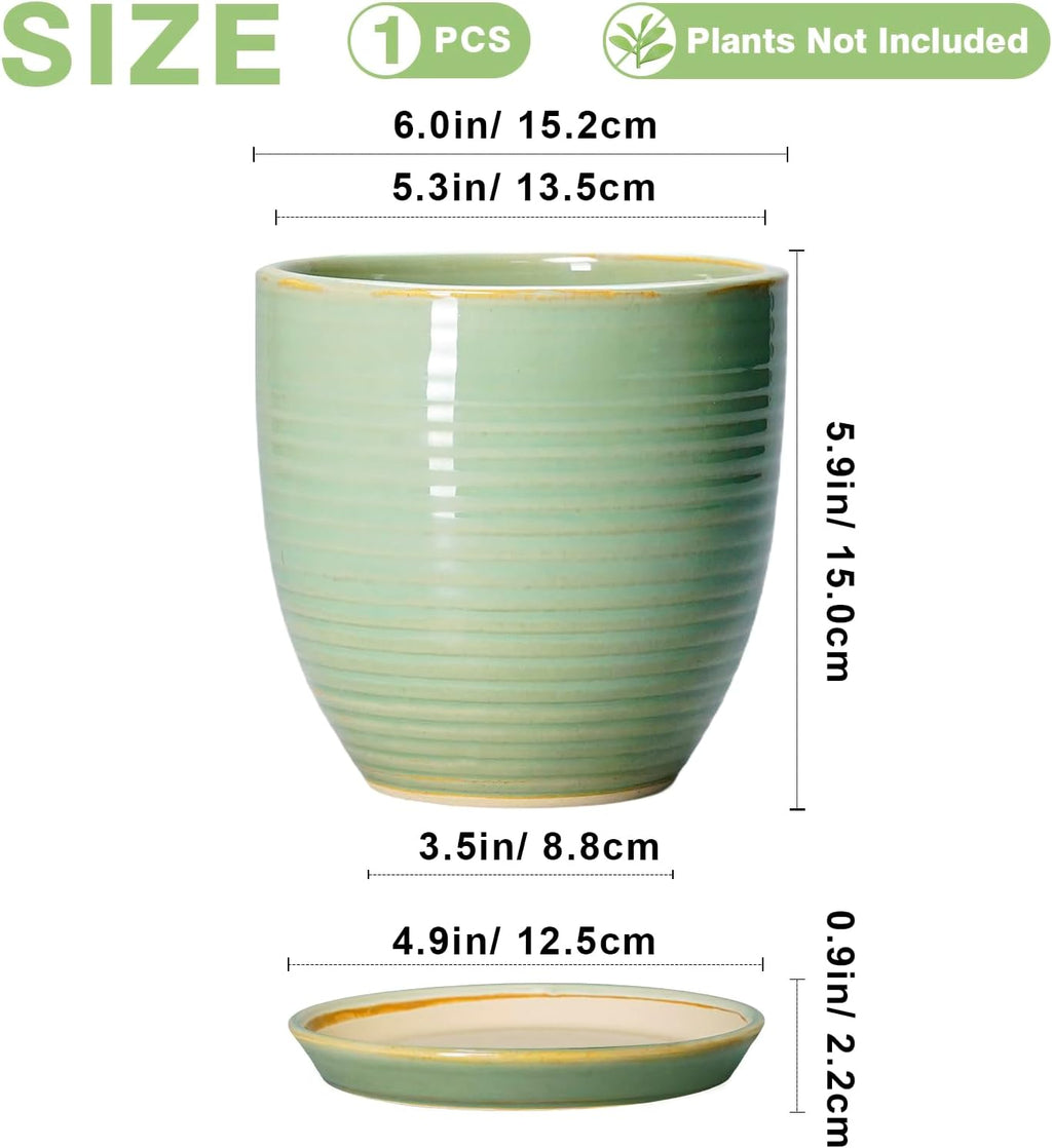 Ceramic Plant Pots - 6 Inch Ceramic Planter with Drainage Hole and Saucer, Modern Planters for Indoor Outdoor Plants
