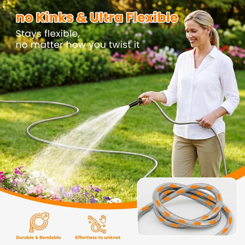 Expandable Metal Garden Hose 50 FT - 304 Stainless Steel Water Hose 50 FT - Lightweight non Kinking Flexible Garden
