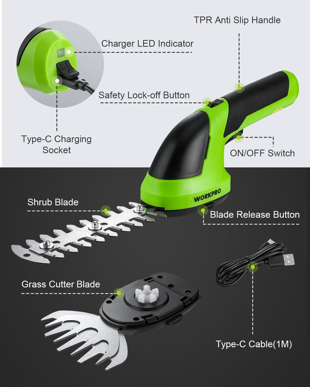 WORKPRO 7.2V Cordless Grass Shear & Shrubbery Trimmer | 5.9" Shrub Trimmer & 4.2" Grass Shear, 2.0Ah Rechargeable