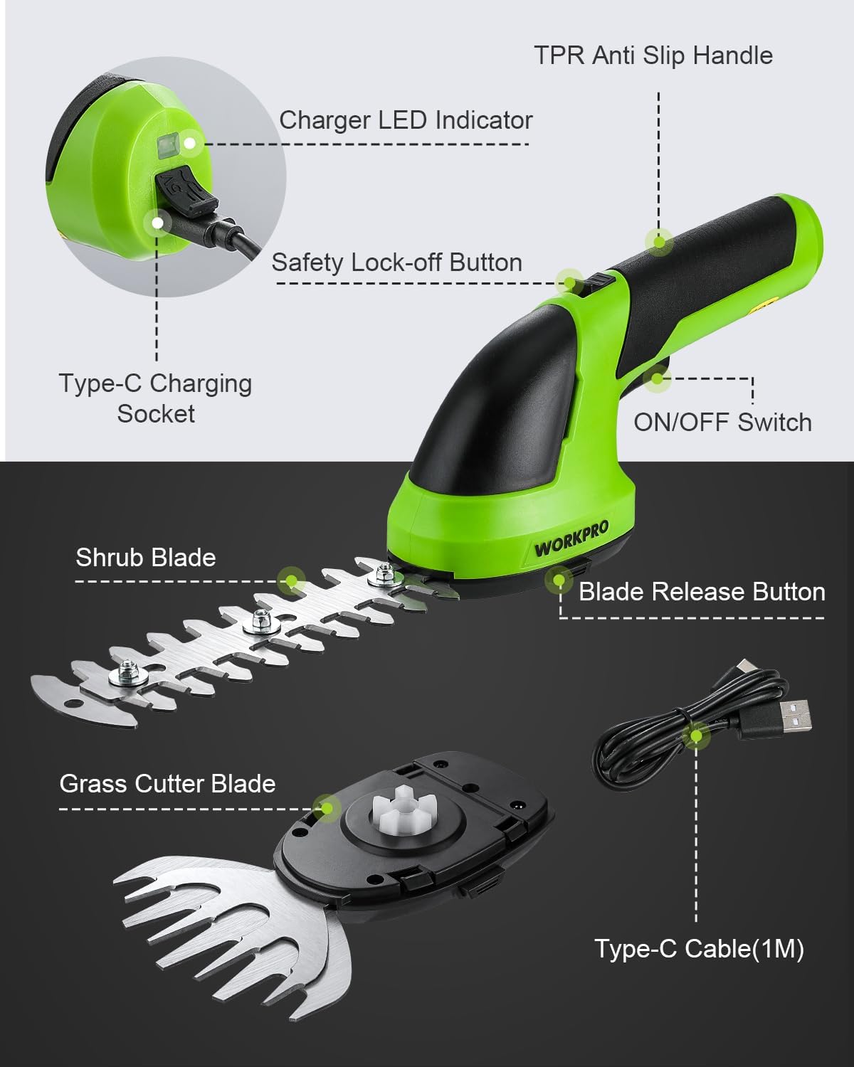 WORKPRO 7.2V Cordless Grass Shear & Shrubbery Trimmer | 5.9" Shrub Trimmer & 4.2" Grass Shear, 2.0Ah Rechargeable