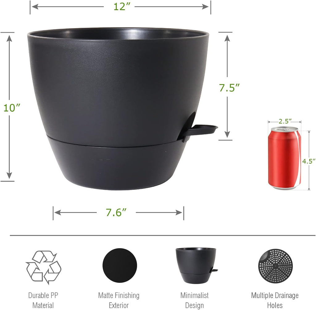 UOUZ 12 inch Large Self Watering Pots, Plastic Planters with 60oZ Removable Deep Reservoir and Multi Mesh Drainage